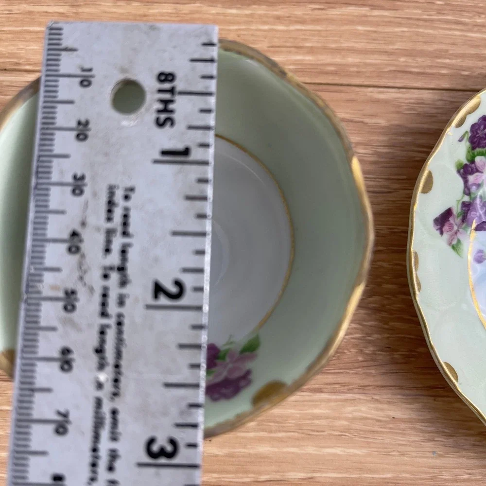 Lefton China 124 Hand Painted Violets Teacup and Saucer Set Gold Trim Mint Green